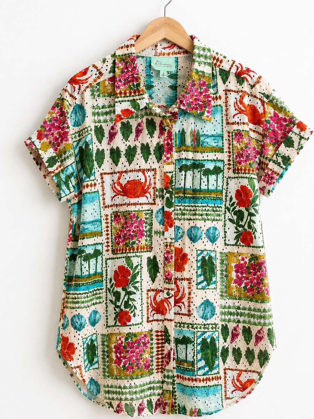 True Destinations 100% Cotton Eyelet Tunic Blouse Small Coastal Floral Print